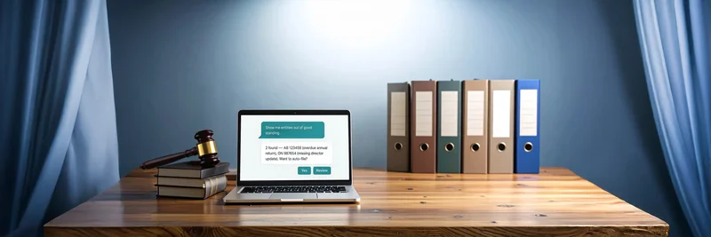 Good Standing AI digital corporate compliance dashboard displaying automated governance solutions, entity management tools, and AI-powered compliance monitoring for legal professionals